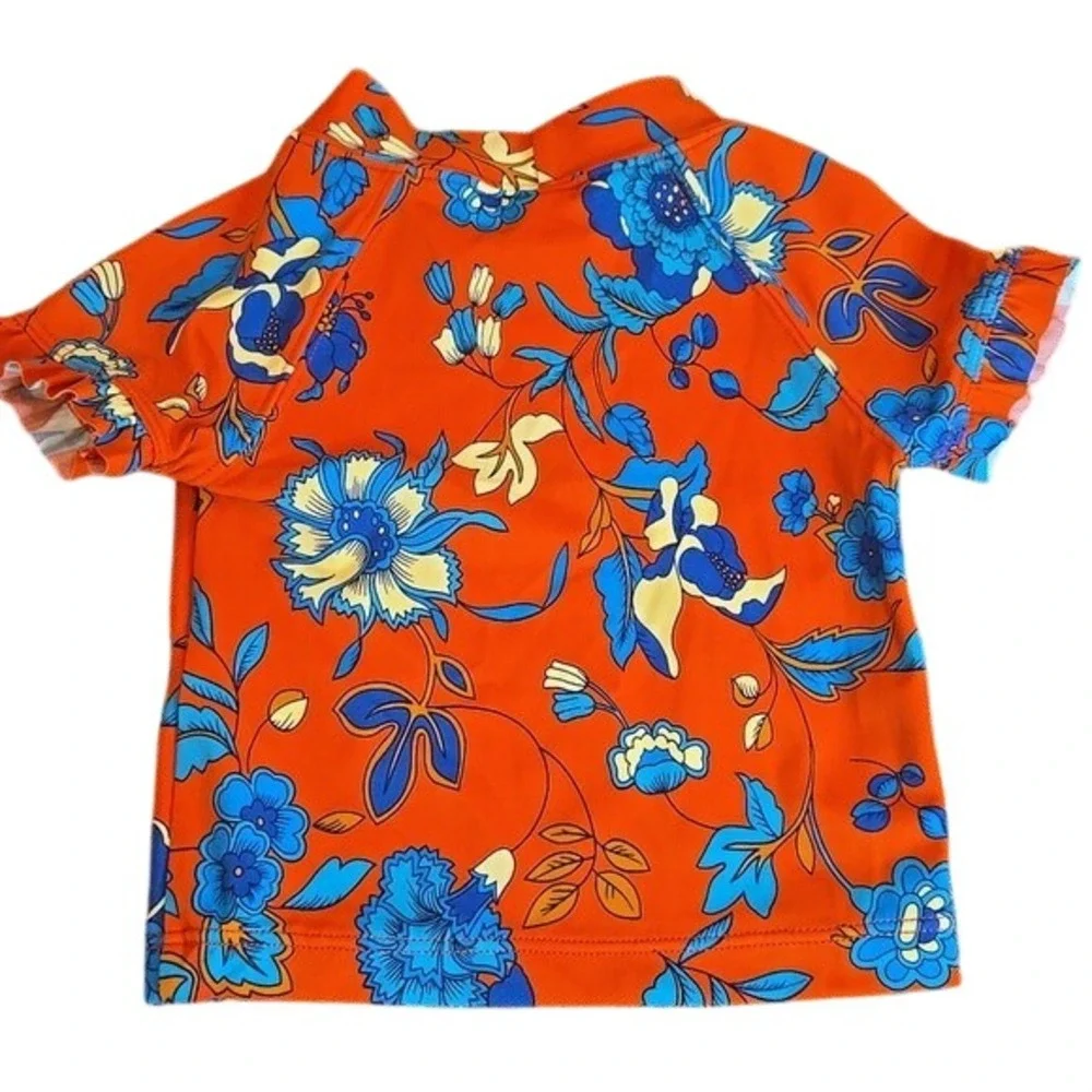 Janie & Jack Girl Swim Top Baby Infant Rash Guard Short Sleeve Floral Red 6-12Mo